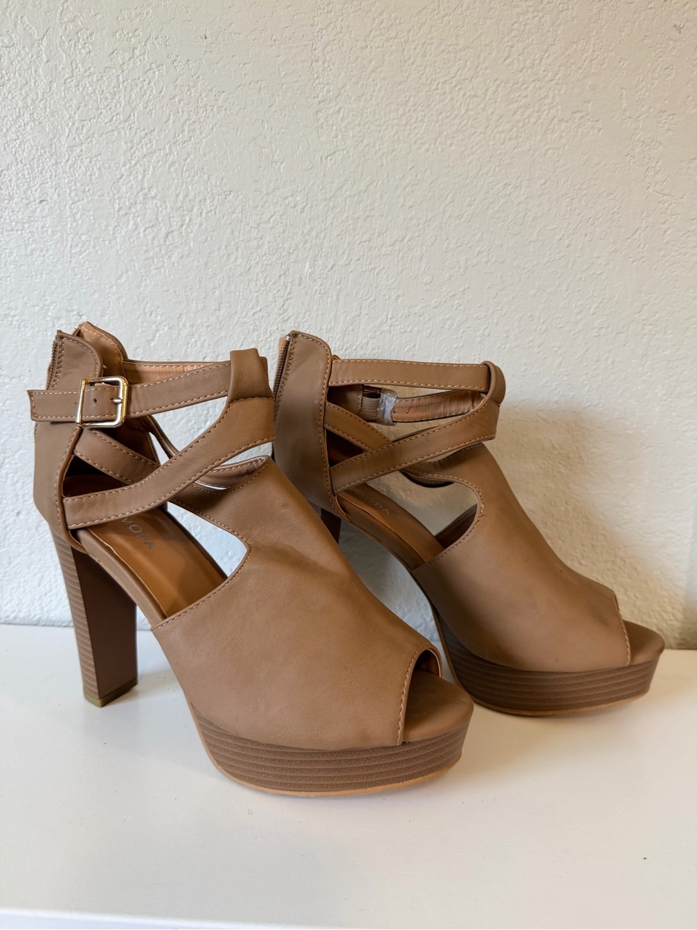 Women’s Tan Platform Peep-Toe Heels with Ankle Strap